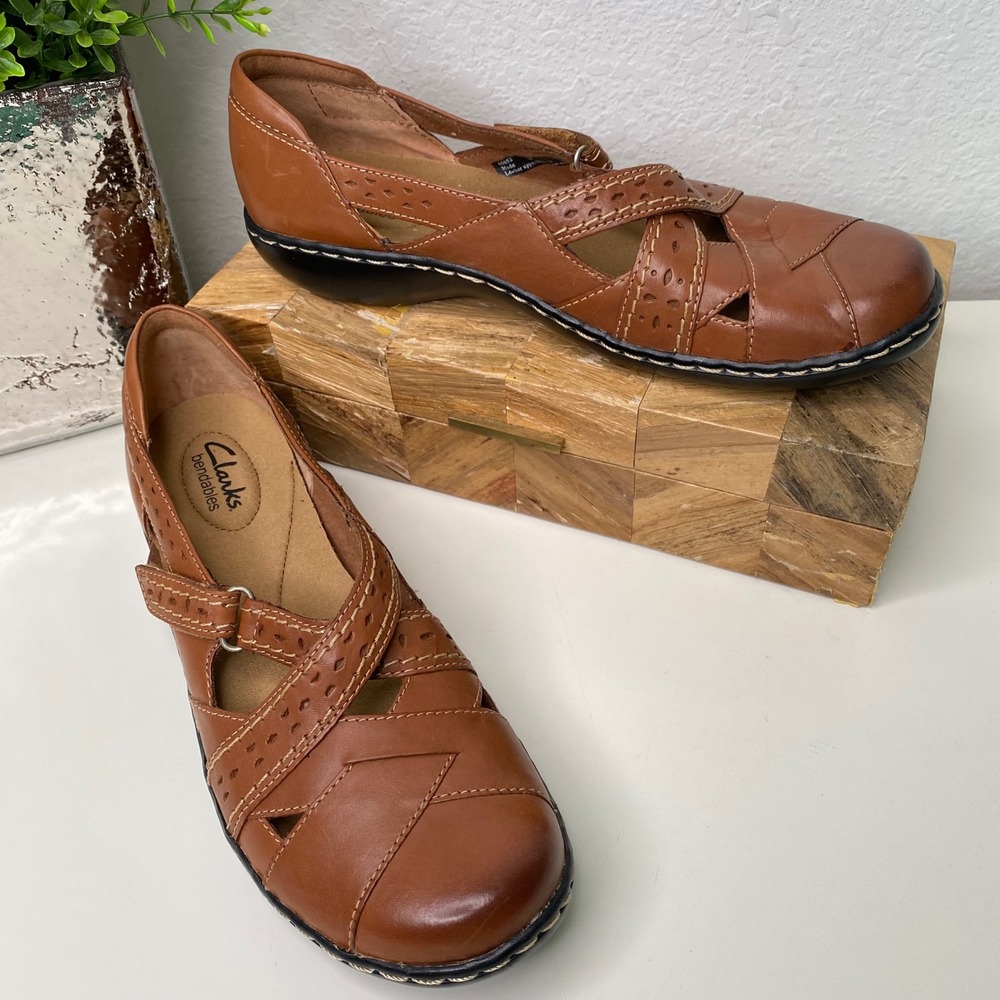 Clarks Bendables Ashland Spin Flats Leather‎ Mary Jane Shoes Tan Size 8.5N